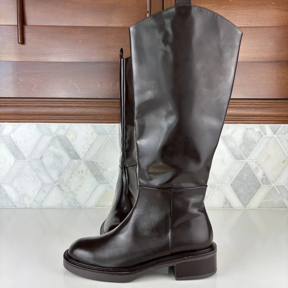 39/9 Dark Brown Walnut Round Toe Block Heel Wide Sole Knee High Pull On Zip Boot - Picture 9 of 16